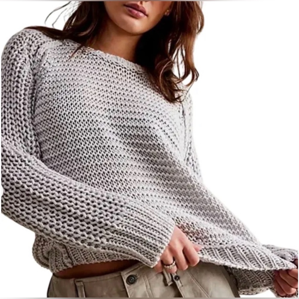 We The Free Chunky Knit Scoop Neck Sweater in Light Gray